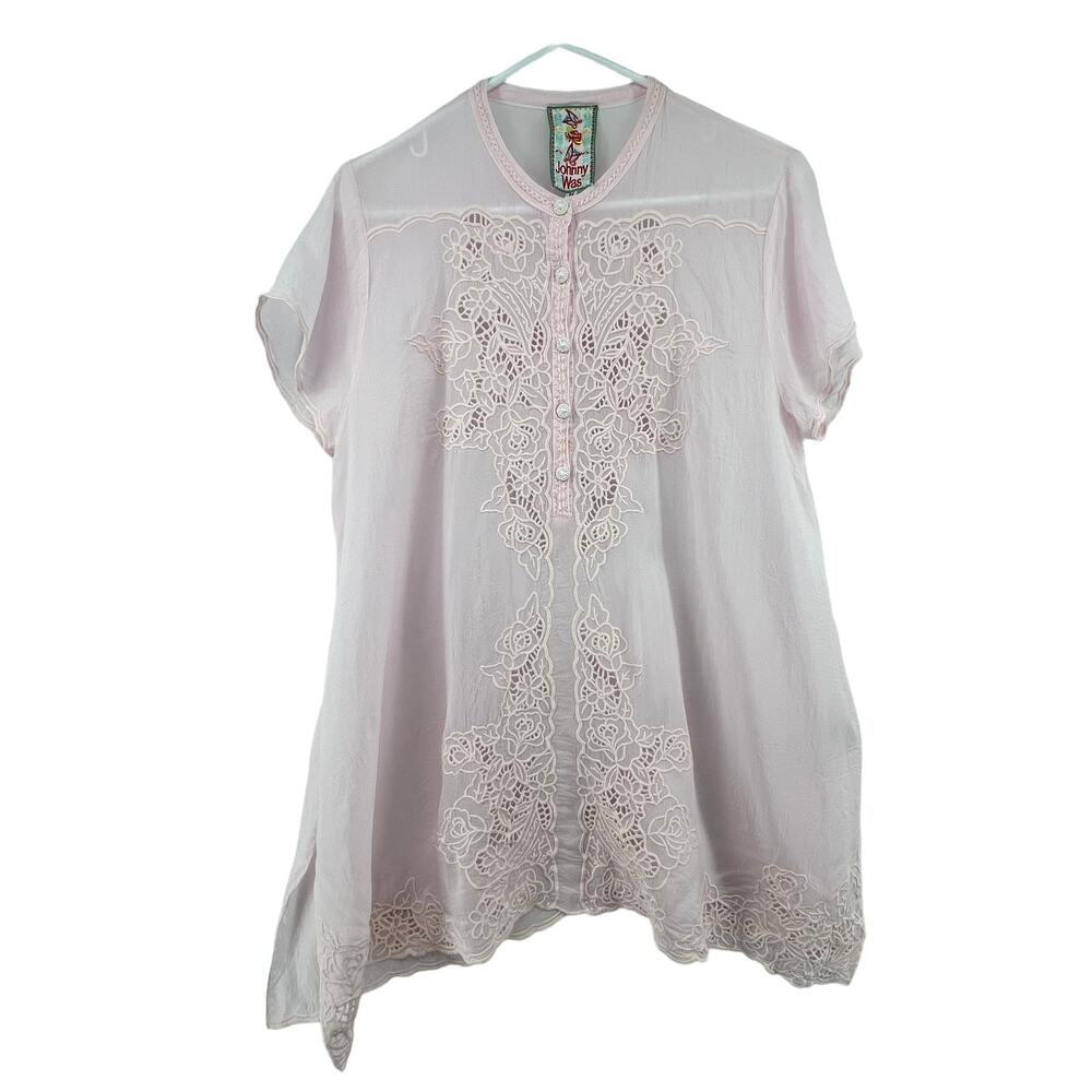 Johnny Was Size Medium Blouse Top Shirt Pink Tunic Floral Short Sleeve FLAW